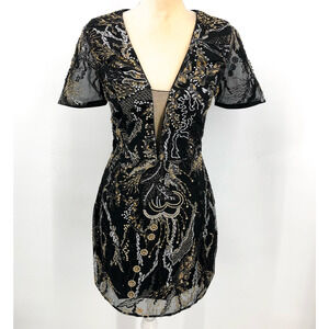 DRESS THE POPULATION Sequin Mini Dress Small Black Gold Sheer Sleeves NWOT